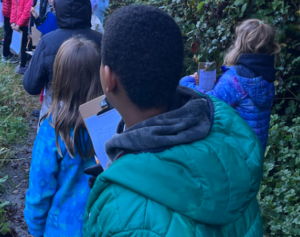 Elementary school students walking along Longfellow Creek in West Seattle, recording day, time, temperature, and precipitation to learn about water moments.