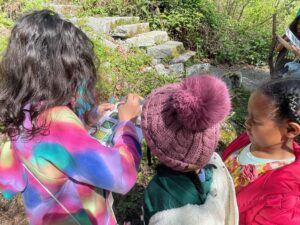 Kids identifying native plants at Camp Long. 
