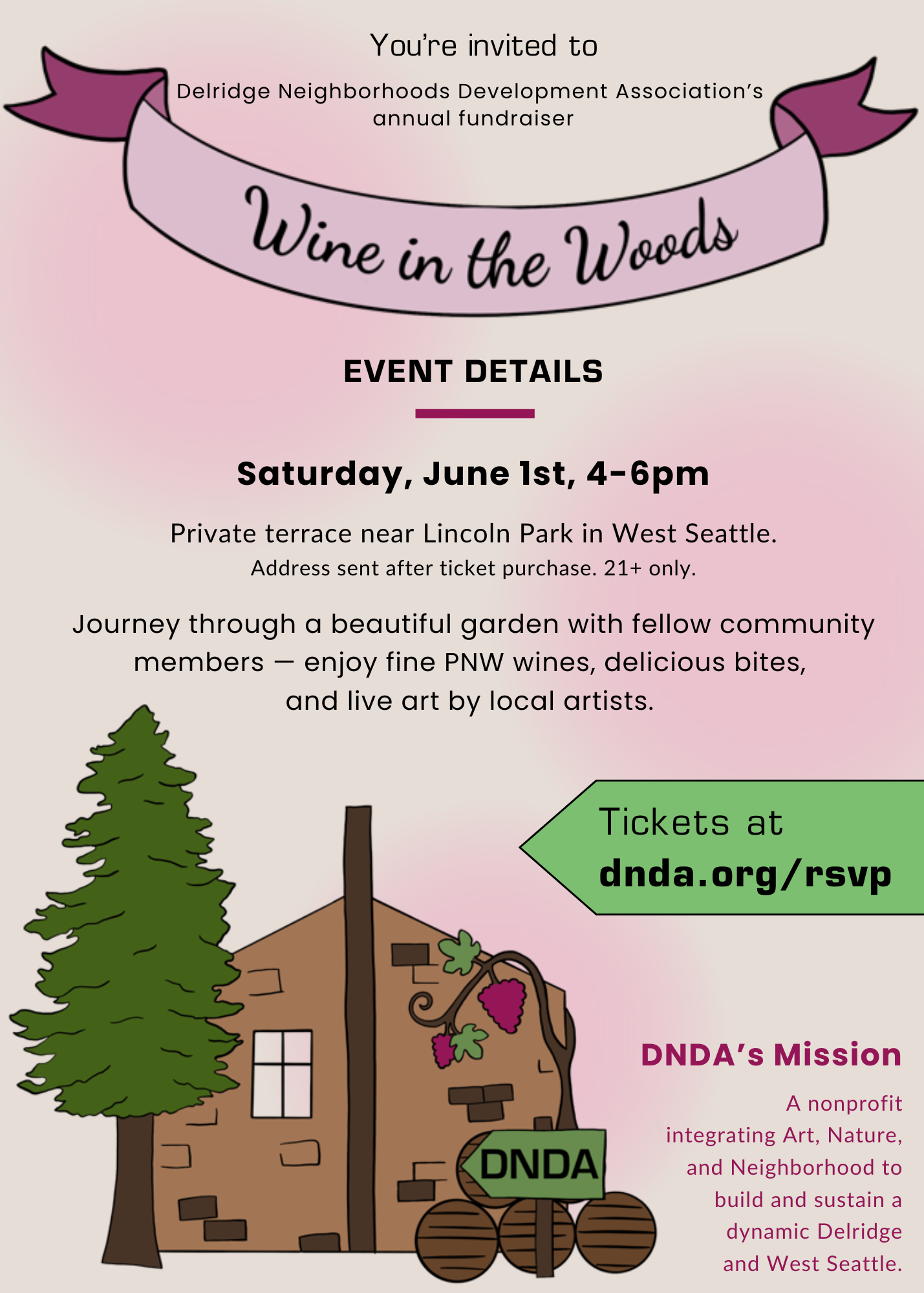 Wine in the Woods flyer 2024 (all details described, drawing of cabin with wine barrels and DNDA sign)
