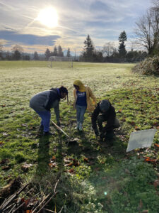 Three children are in a grassy field clearing out invasive plants from the ground.