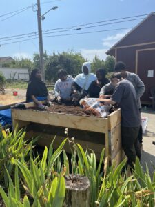 Our Environmental Justice (EJ) interns work together to fill dirt into DNDA's Accessible Garden Bed at the Delridge P-Patch. Some work on opening the bag of soil, others are mixing the soil into the bed with gloves and hand tools.