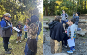 Two pictures are above. Each has a scavenger hunt made up of a small group of younger and older people surrounding Environmental Education Guides. The Guides are prompting the groups to learn about the site and work to figure out a way for the group to solve their location clues. The group looks and listens to the Guide giving them more information about owls and centipedes to continue on their mission around the Park. 