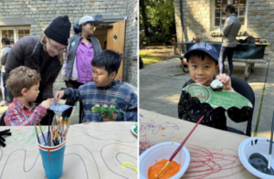 Egg carton crafters work on their crafts above in these two pictures. In the picture on the left, two young people are working together to add googly eyes all over an egg carton cut into a wing shape while a DNDA Teaching Artist appreciates their work with a smile. On the right, a young crafter holds up their finished egg carton bat while smiling. 