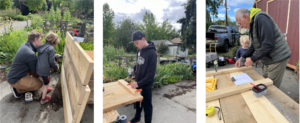 The three photos about show an older volunteer showing a young child how to measure wood for a garden bed, using a tape measure and wooden planks. There is a teenager measuring and sawing wood pieces to construct a raised garden bed in the community garden, and two volunteers, including a young child, working on the wooden frame of a raised garden bed, using tools for assembly.