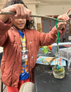 Young child holding up a pot for plants they created with sticks, pipe cleaners, and twine. 