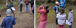  In the above photos, the left photo shows Jules Hepp, DNDA’s Environmental Education Coordinator with a group holding the checklist of different birds out as the group looks at their own sheets to see if there are matches to what the group is seeing and hearing. In the right photo, Nicole Parish-Andrews from Seattle Parks and Recreation’s Environmental Education Team holds up her phone using eBird to lead the group through how to use the technology to identify birds. 