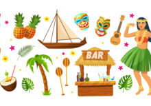 Hawaii party. Hawaiian traditional elements. Cocktails, pineapples, torch, ship Hawaiian canoe, palms, bar counter, traditional masks, dancing girl. Tropical vector hawaiian beach party vector icons